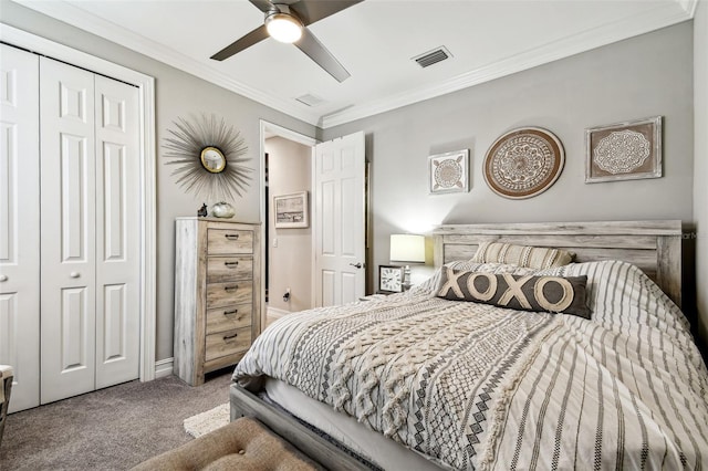 222 Toscavilla Blvd, Nokomis, FL 34275 - bedroom featuring carpet floors, a closet, crown molding, and ceiling fan