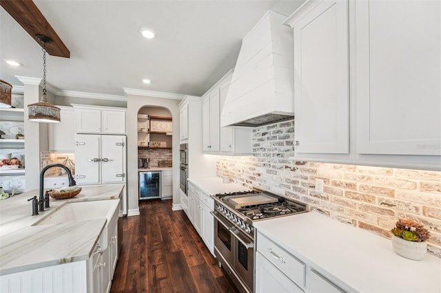 19191 Pease Pl, Lutz, FL 33558 - kitchen with stainless steel appliances, premium range hood, ornamental molding, white cabinets, and dark wood-type flooring
