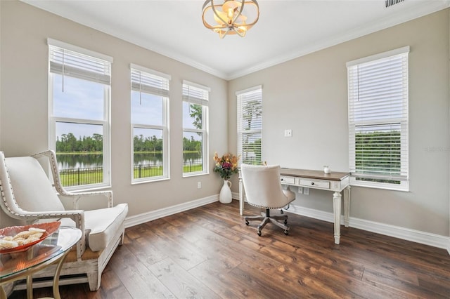 19191 Pease Pl, Lutz, FL 33558 - office area featuring ornamental molding, a chandelier, hardwood / wood-style floors, baseboards, and a water view