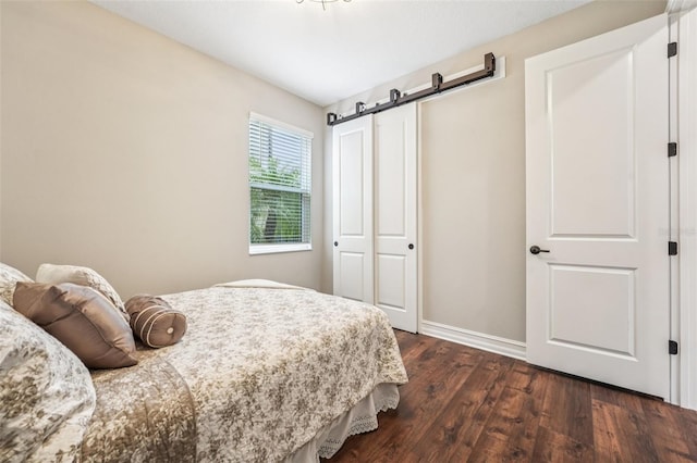 19191 Pease Pl, Lutz, FL 33558 - bedroom featuring a barn door, dark wood-type flooring, baseboards, and a closet
