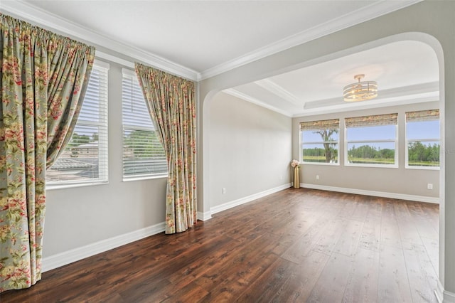 19191 Pease Pl, Lutz, FL 33558 - empty room featuring wood-type flooring, arched walkways, baseboards, and ornamental molding