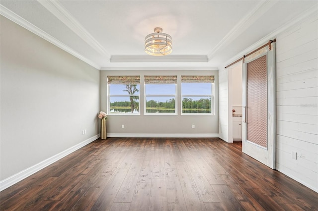 19191 Pease Pl, Lutz, FL 33558 - empty room featuring a barn door, dark wood-style flooring, a raised ceiling, and ornamental molding