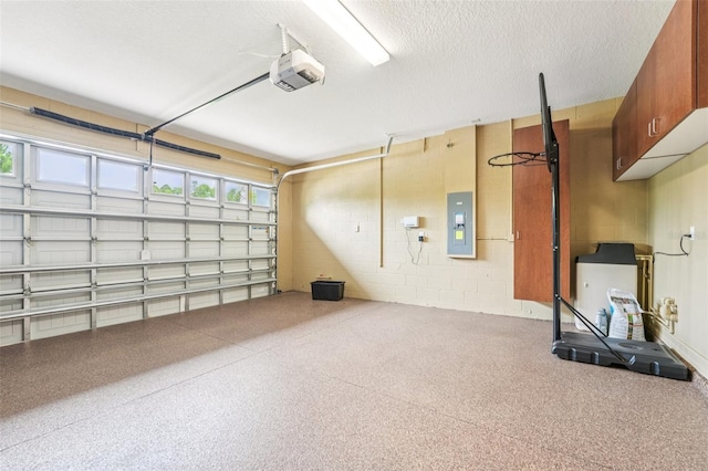 19191 Pease Pl, Lutz, FL 33558 - garage featuring electric panel, a garage door opener, and concrete block wall