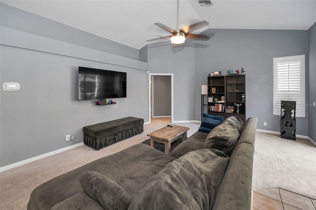 4133 Auston Way, Palm Harbor, FL 34685 - living area featuring carpet, lofted ceiling, a ceiling fan, and baseboards