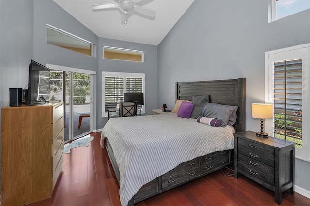4133 Auston Way, Palm Harbor, FL 34685 - bedroom with high vaulted ceiling, dark wood-style flooring, access to exterior, baseboards, and a ceiling fan