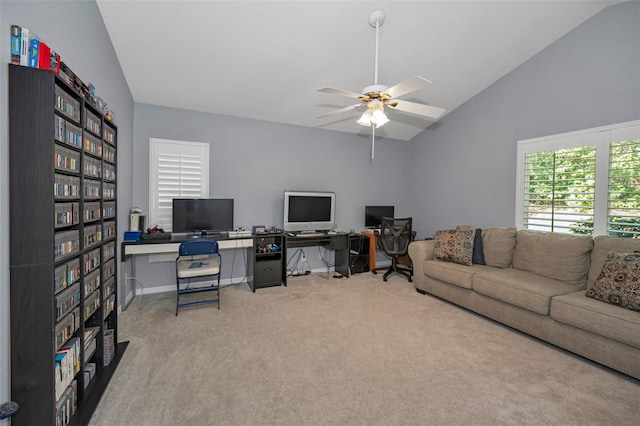4133 Auston Way, Palm Harbor, FL 34685 - home office with vaulted ceiling, carpet, a ceiling fan, and baseboards