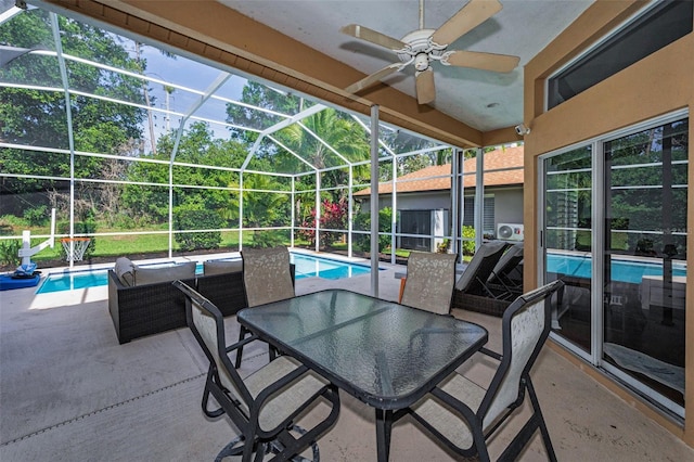 4133 Auston Way, Palm Harbor, FL 34685 - view of patio featuring a ceiling fan, a lanai, and outdoor dining area