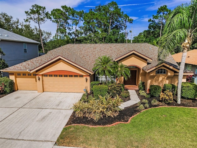 4133 Auston Way, Palm Harbor, FL 34685 - single story home with stucco siding, driveway, a garage, and a shingled roof