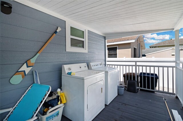 13325 1st St E, Madeira Beach, FL 33708 - laundry area with wood finished floors, washer and dryer, and wooden ceiling