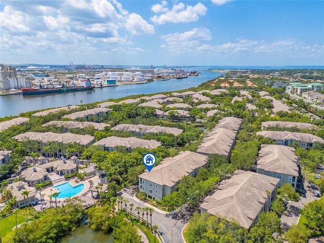 741 Mainsail Dr, Tampa, FL 33602 - aerial perspective of suburban area featuring a large body of water and a pool area