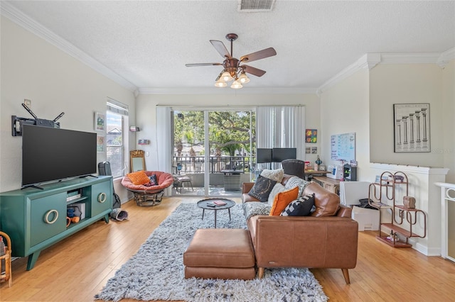 741 Mainsail Dr, Tampa, FL 33602 - living room featuring a ceiling fan, wood-type flooring, crown molding, and a textured ceiling