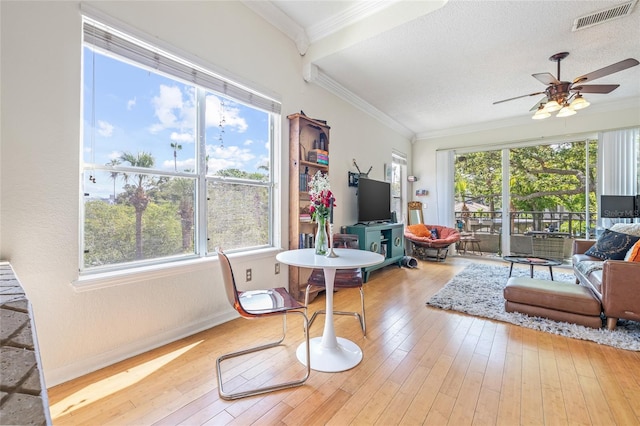 741 Mainsail Dr, Tampa, FL 33602 - living room with ceiling fan, crown molding, hardwood / wood-style floors, and a textured ceiling
