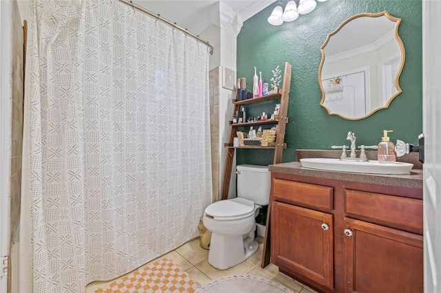 741 Mainsail Dr, Tampa, FL 33602 - bathroom featuring ornamental molding, toilet, tile patterned flooring, vanity, and a textured wall