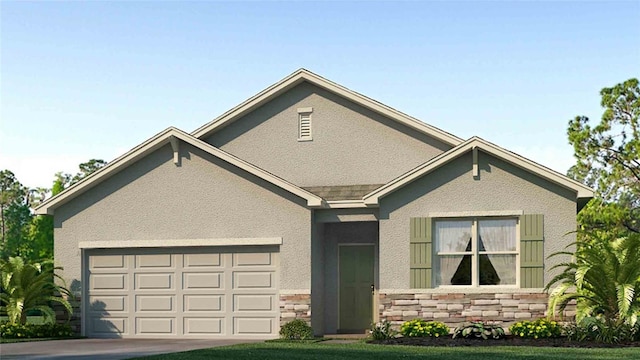 1702 Tahitian Sunrise Dr, Plant City, FL 33565 - view of front of home featuring a garage, stone siding, concrete driveway, and stucco siding