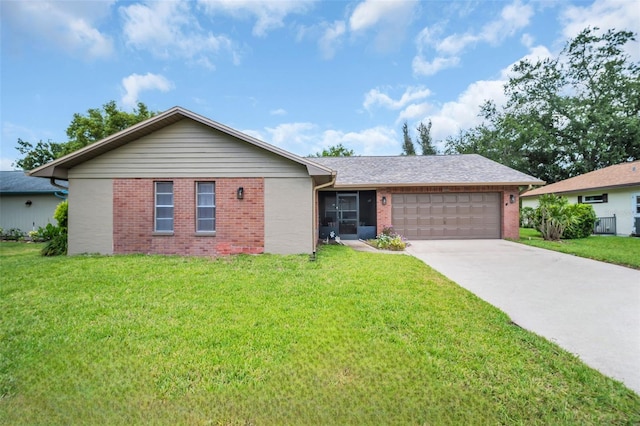 2608 Camille Dr, Palm Harbor, FL 34684 - ranch-style house with an attached garage, brick siding, driveway, and a front lawn