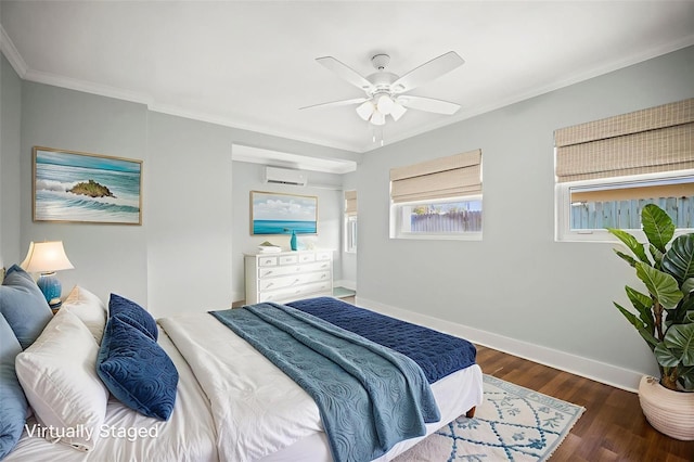 403 Normandy Rd, Madeira Beach, FL 33708 - bedroom with a wall mounted air conditioner, baseboards, wood finished floors, crown molding, and ceiling fan