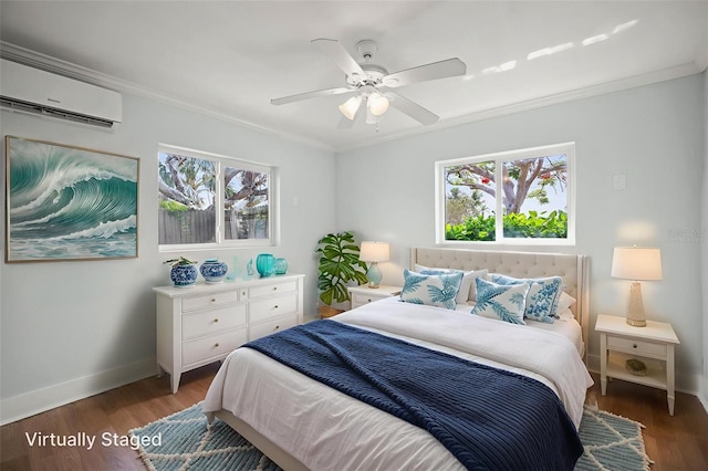 403 Normandy Rd, Madeira Beach, FL 33708 - bedroom featuring a wall unit AC, multiple windows, baseboards, ornamental molding, and wood finished floors
