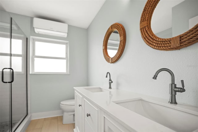 403 Normandy Rd, Madeira Beach, FL 33708 - bathroom with an AC wall unit, toilet, a shower stall, double vanity, and baseboards