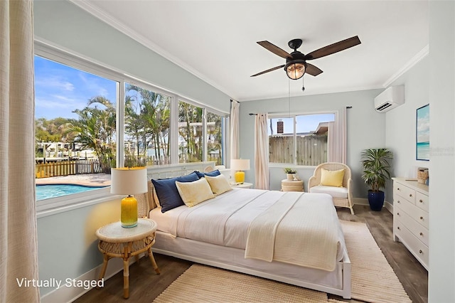 403 Normandy Rd, Madeira Beach, FL 33708 - bedroom with a wall unit AC, crown molding, wood finished floors, baseboards, and a ceiling fan
