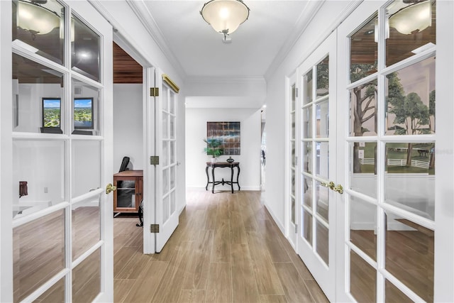 8127 Siquita Dr NE, Saint Petersburg, FL 33702 - corridor featuring french doors, ornamental molding, wood finished floors, and baseboards