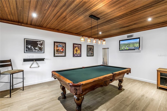 8127 Siquita Dr NE, Saint Petersburg, FL 33702 - playroom with wood ceiling, baseboards, light wood-type flooring, billiards, and recessed lighting