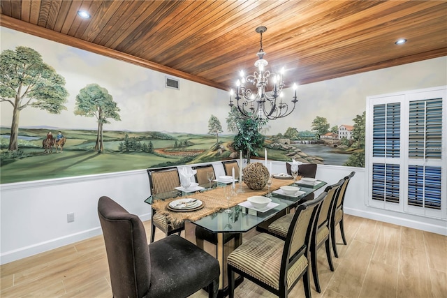 8127 Siquita Dr NE, Saint Petersburg, FL 33702 - dining space with wooden ceiling, a chandelier, wood finished floors, recessed lighting, and baseboards