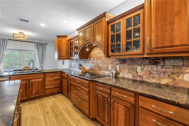 8127 Siquita Dr NE, Saint Petersburg, FL 33702 - kitchen featuring a sink, brown cabinets, light wood-style flooring, tasteful backsplash, and dark stone counters