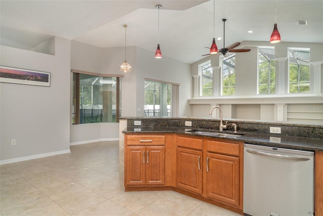 14266 Creek Run Dr, Riverview, FL 33579 - kitchen featuring dishwasher, a sink, pendant lighting, brown cabinets, and vaulted ceiling