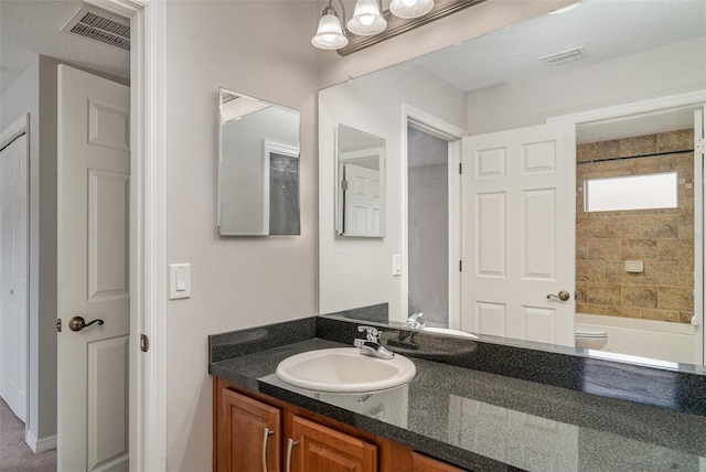 14266 Creek Run Dr, Riverview, FL 33579 - full bathroom with vanity, toilet, bathtub / shower combination, and a chandelier
