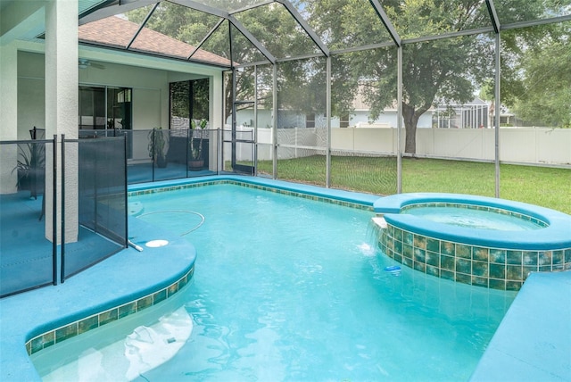 14266 Creek Run Dr, Riverview, FL 33579 - view of swimming pool with a pool with connected hot tub and glass enclosure