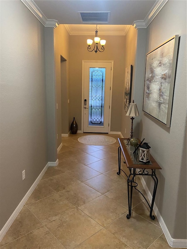 12619 Richezza Dr, Venice, FL 34293 - entrance foyer with ornamental molding, light tile patterned floors, baseboards, and a chandelier