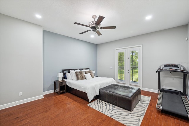 2011 Water Wheel Ct, Dunedin, FL 34698 - bedroom featuring access to exterior, recessed lighting, baseboards, wood finished floors, and a ceiling fan