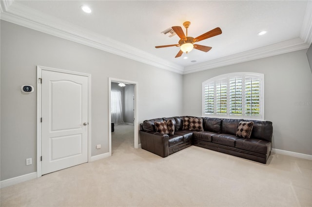 2011 Water Wheel Ct, Dunedin, FL 34698 - living area featuring a ceiling fan, crown molding, light carpet, healthy amount of natural light, and recessed lighting