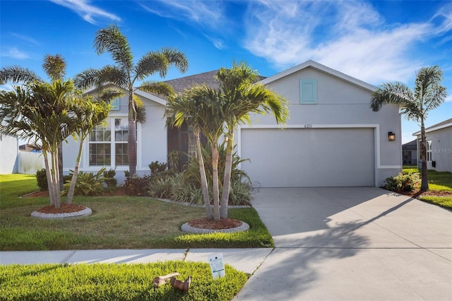 6211 114th Dr E, Parrish, FL 34219 - view of front of home featuring an attached garage, stucco siding, driveway, and a front yard