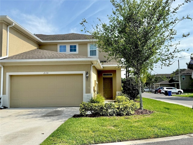 2130 Broadway View Ave, Brandon, FL 33510 - view of front of house featuring stucco siding, driveway, a front lawn, a garage, and a shingled roof