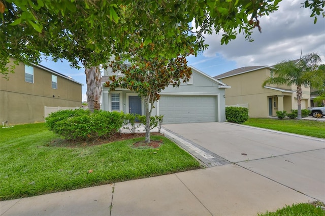 6512 Trent Creek Dr, Sun City Center, FL 33573 - view of property hidden behind natural elements with an attached garage, driveway, a front lawn, and stucco siding