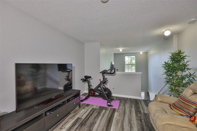 6512 Trent Creek Dr, Sun City Center, FL 33573 - exercise area featuring wood finished floors, a textured ceiling, and baseboards