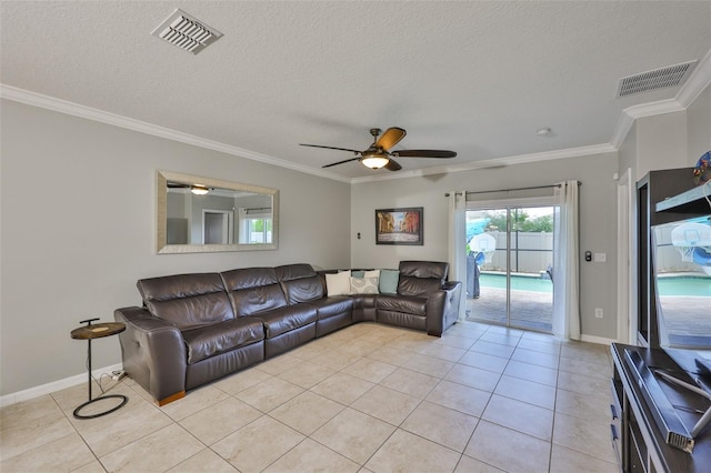 6512 Trent Creek Dr, Sun City Center, FL 33573 - living room with ornamental molding, light tile patterned floors, a ceiling fan, a textured ceiling, and baseboards