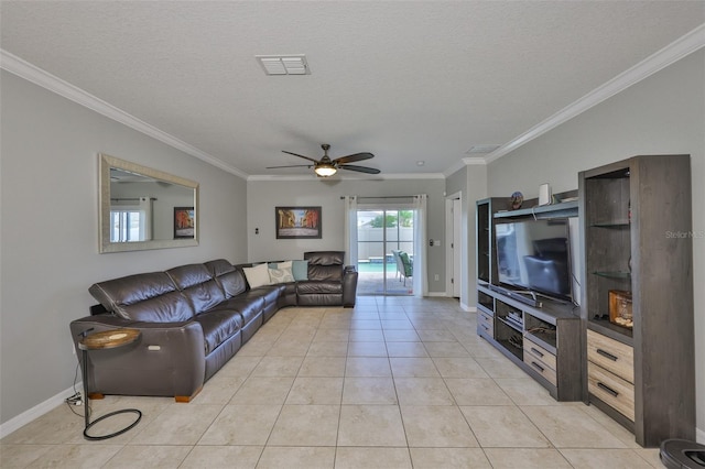 6512 Trent Creek Dr, Sun City Center, FL 33573 - living area with ornamental molding, ceiling fan, light tile patterned flooring, a textured ceiling, and baseboards