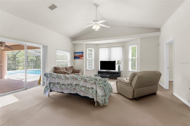 8518 N Linwood Loop, Citrus Springs, FL 34433 - living room featuring a ceiling fan, light colored carpet, plenty of natural light, and lofted ceiling