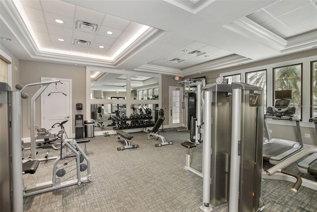 5511 Badini Way, Palmetto, FL 34221 - exercise room featuring a raised ceiling, carpet, ornamental molding, and recessed lighting