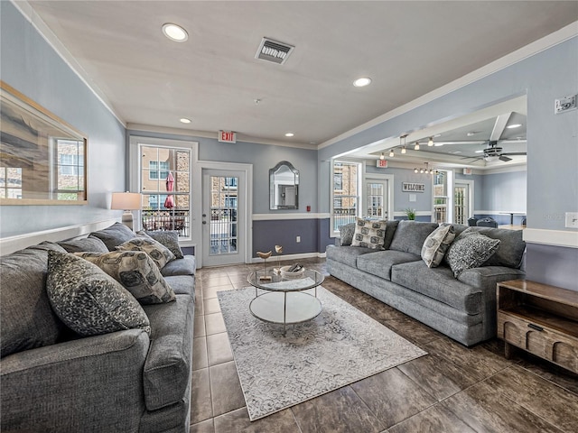 4221 W Spruce St Unit 2302, Tampa, FL 33607 - tiled living area featuring ornamental molding, recessed lighting, a ceiling fan, and baseboards