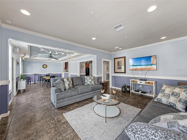 4221 W Spruce St Unit 2302, Tampa, FL 33607 - living room with ornamental molding, baseboards, recessed lighting, and ceiling fan