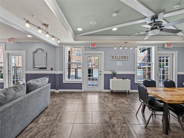 4221 W Spruce St Unit 2302, Tampa, FL 33607 - dining space with crown molding, a ceiling fan, baseboards, recessed lighting, and dark tile patterned floors