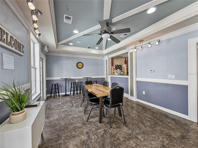 4221 W Spruce St Unit 2302, Tampa, FL 33607 - dining room featuring crown molding, a tray ceiling, a ceiling fan, baseboards, and recessed lighting