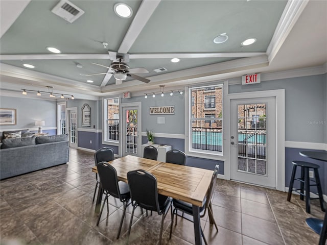 4221 W Spruce St Unit 2302, Tampa, FL 33607 - tiled dining space featuring a tray ceiling, crown molding, ceiling fan, recessed lighting, and baseboards