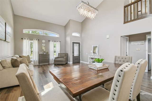 12102 Steppingstone Blvd, Tampa, FL 33635 - dining room with high vaulted ceiling, wood finished floors, a chandelier, and baseboards