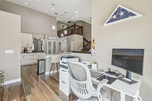 12102 Steppingstone Blvd, Tampa, FL 33635 - office featuring dark wood-style flooring, recessed lighting, high vaulted ceiling, and baseboards