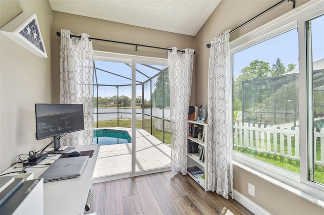 12102 Steppingstone Blvd, Tampa, FL 33635 - office area featuring healthy amount of natural light, wood finished floors, a sunroom, a textured ceiling, and baseboards