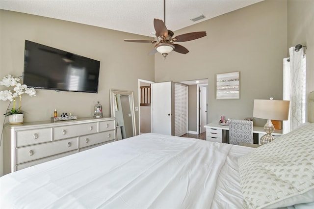 12102 Steppingstone Blvd, Tampa, FL 33635 - bedroom featuring high vaulted ceiling and ceiling fan